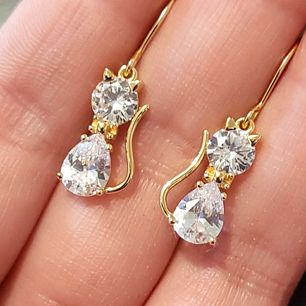 18k Gold over Sterling Simulated Diamond CZ Cat Dangle Hook Earrings